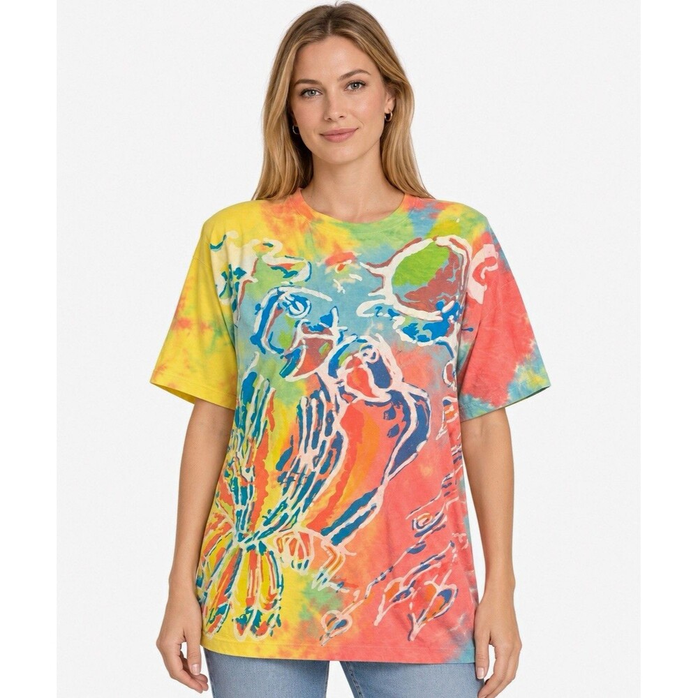 Vintage California Video XL Tie Dye Birds Melting Clock Shoulder Pad Tee USA 80s